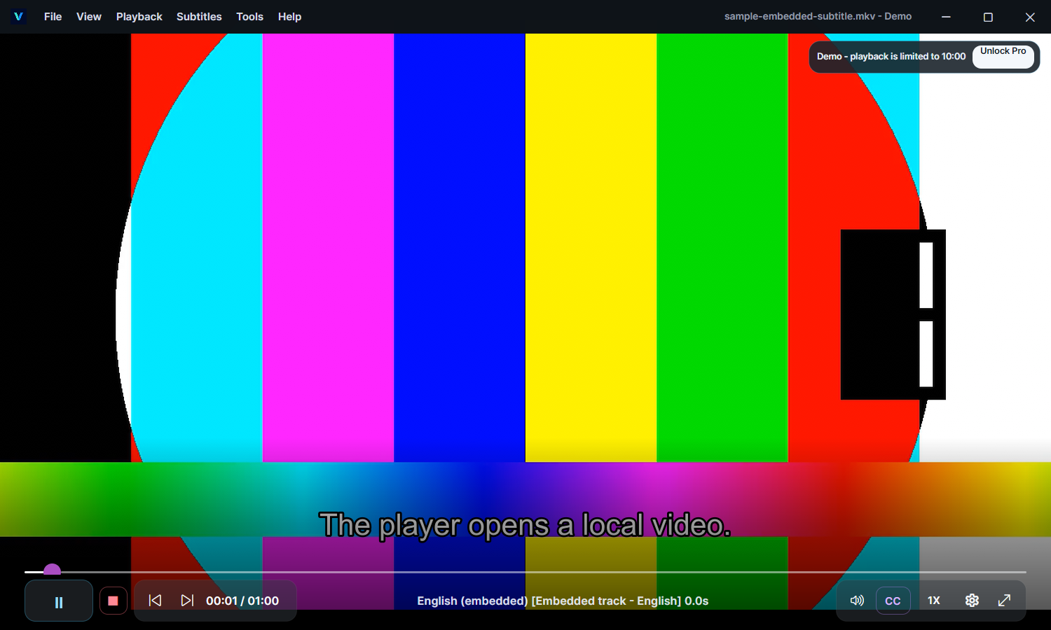 Echt scherm van VoxFrame Pro 1.2.0: de CC-knop en het actieve Engelse ingesloten ondertitelspoor onder een testvideo.