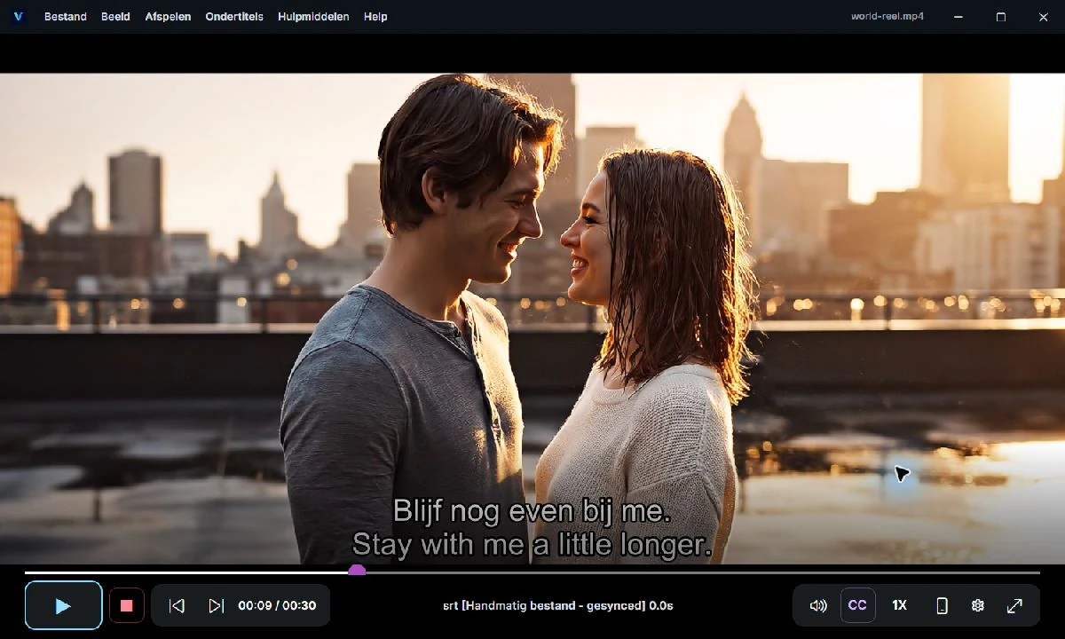 Actual Pro 1.2.0 screen with Dutch and English example subtitles, menus and CC controls.