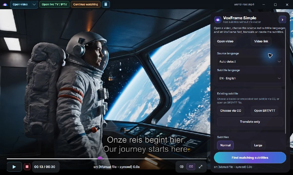 Actual Simple 1.0.1 screen with an astronaut, Dutch and English example subtitles and its compact sidebar.